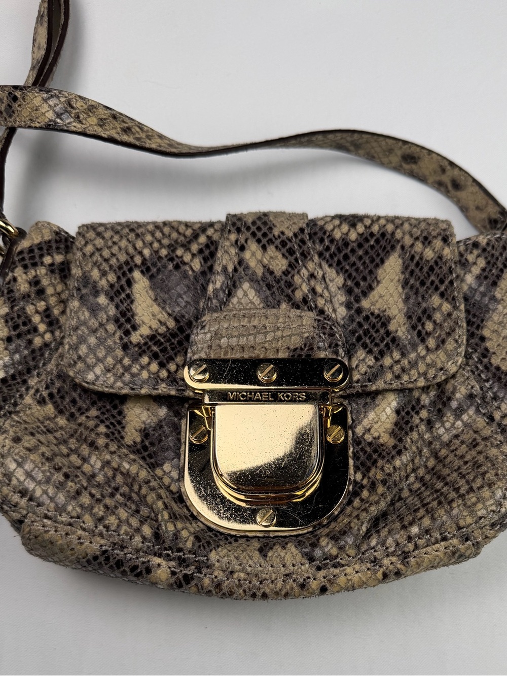 Michael Kors Snake-Print Crossbody in Beige and Brown with Gold Hardware Classy